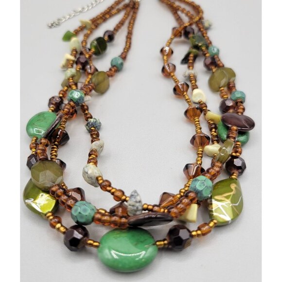 Multi-Strand Necklace and Matching Earrings Set Stone Plastic and Metallic Beads - Picture 2 of 8